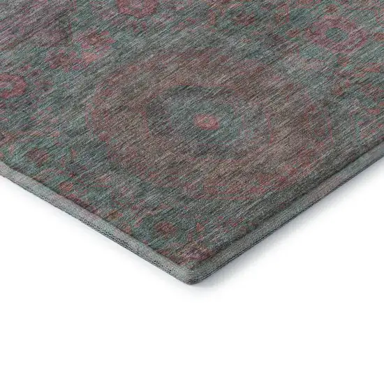 8' Teal And Blush Medallion Washable Round Rug With UV Protection Photo 7