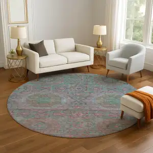 Photo of 8' Teal And Blush Medallion Washable Round Rug With UV Protection