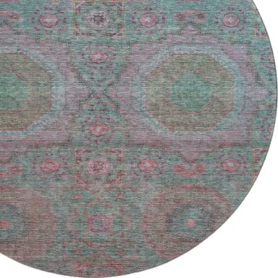 8' Teal And Blush Medallion Washable Round Rug With UV Protection Photo 3