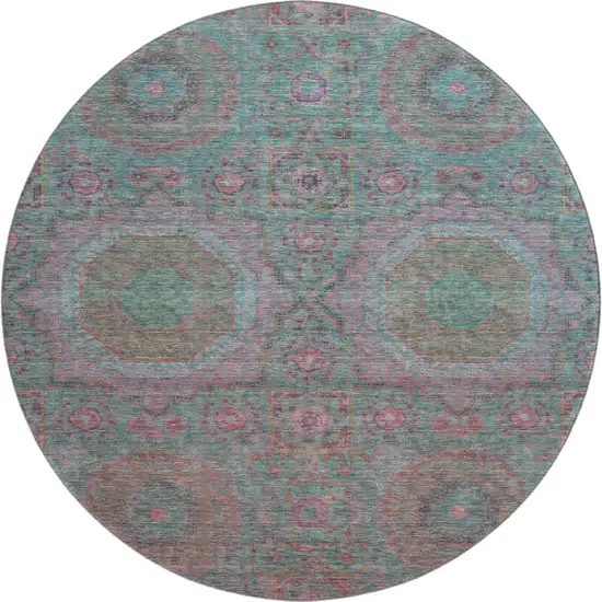 8' Teal And Blush Medallion Washable Round Rug With UV Protection Photo 1