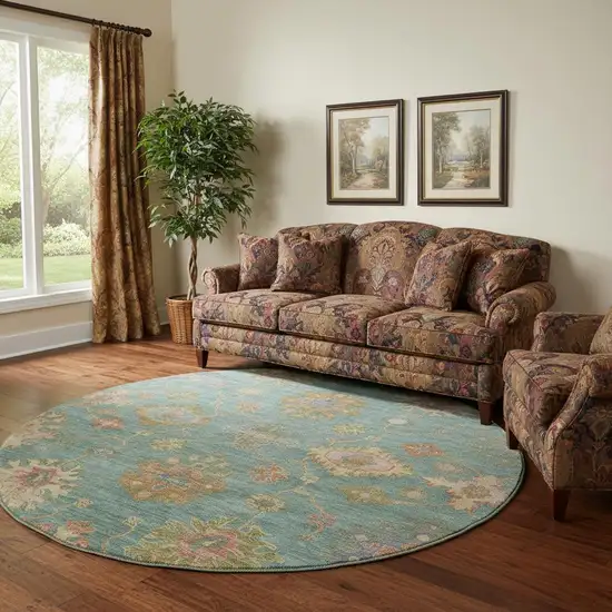8' Teal And Blush Oriental Washable Round Rug With UV Protection Photo 2