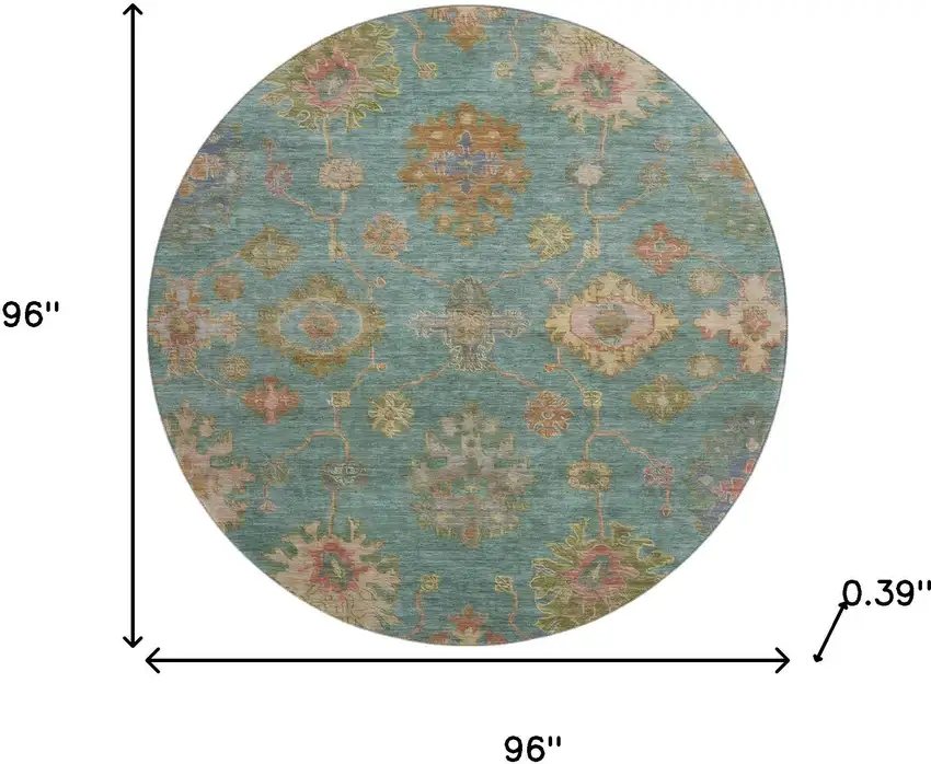 8' Teal And Blush Oriental Washable Round Rug With UV Protection Photo 8