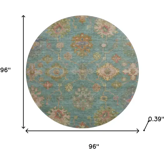 8' Teal And Blush Oriental Washable Round Rug With UV Protection Photo 8