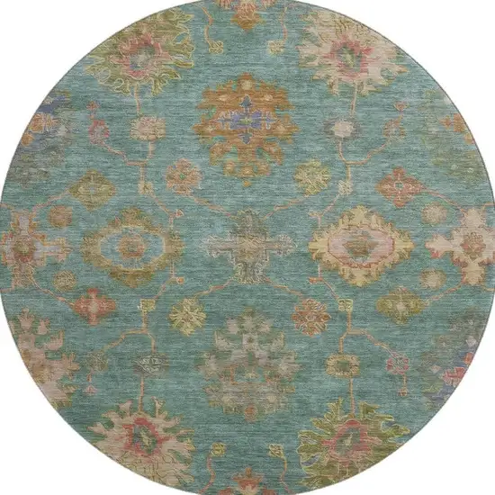 8' Teal And Blush Oriental Washable Round Rug With UV Protection Photo 4
