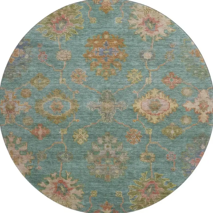 8' Teal And Blush Oriental Washable Round Rug With UV Protection Photo 4