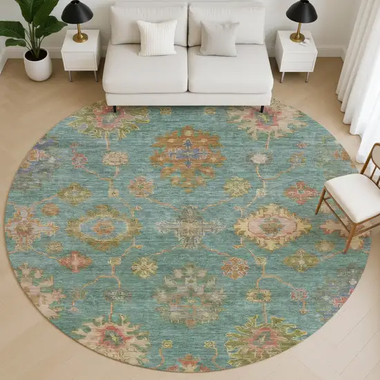 8' Teal And Blush Oriental Washable Round Rug With UV Protection Photo 5