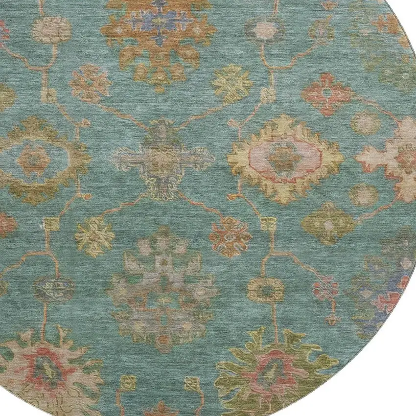 8' Teal And Blush Oriental Washable Round Rug With UV Protection Photo 3