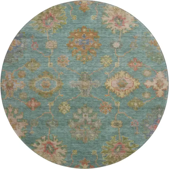 8' Teal And Blush Oriental Washable Round Rug With UV Protection Photo 1