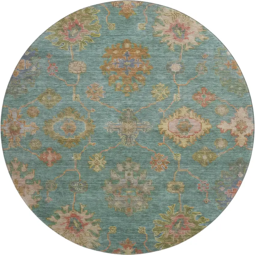 8' Teal And Blush Oriental Washable Round Rug With UV Protection Photo 1