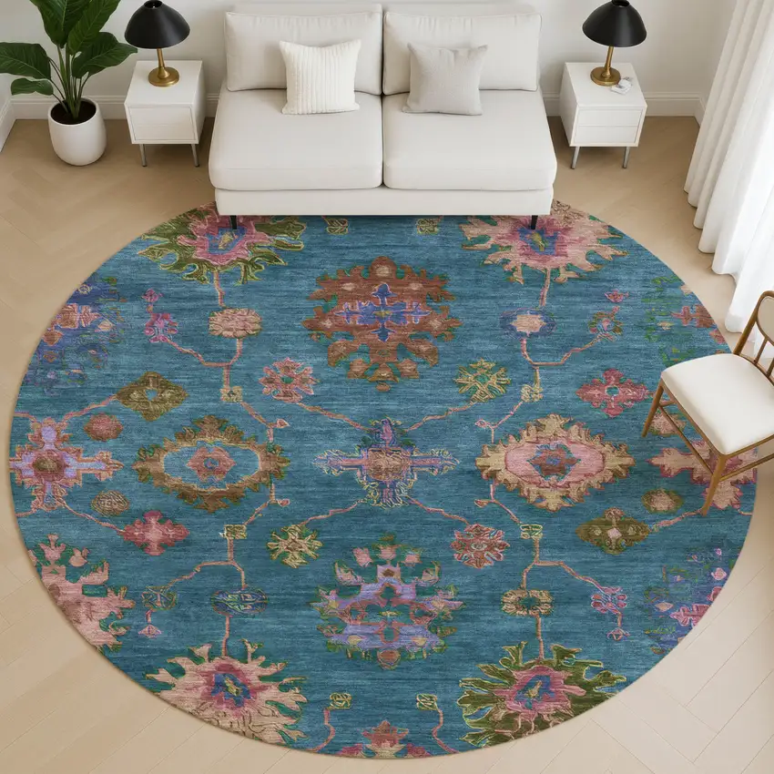 8' Teal And Blush Oriental Washable Round Rug With UV Protection Photo 5