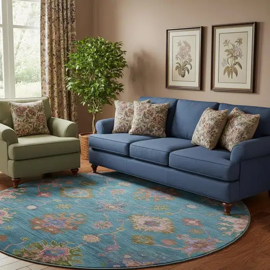 8' Teal And Blush Oriental Washable Round Rug With UV Protection Photo 2