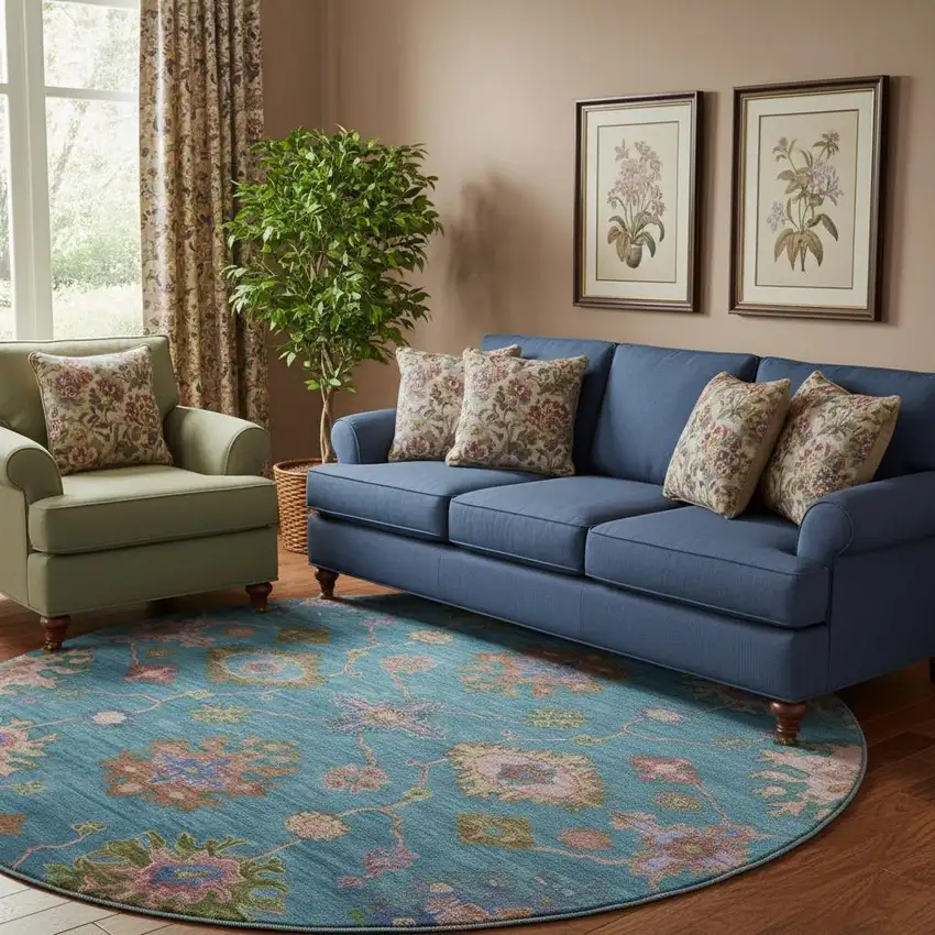 8' Teal And Blush Oriental Washable Round Rug With UV Protection Photo 2