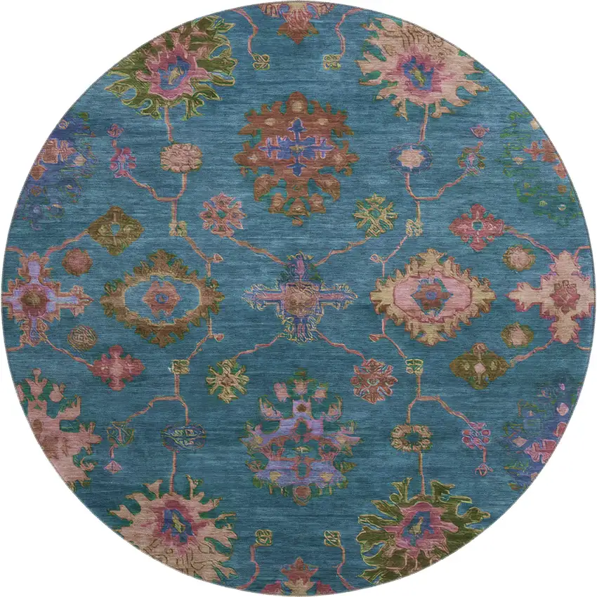 8' Teal And Blush Oriental Washable Round Rug With UV Protection Photo 1