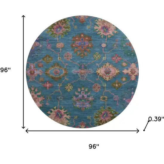 8' Teal And Blush Oriental Washable Round Rug With UV Protection Photo 8