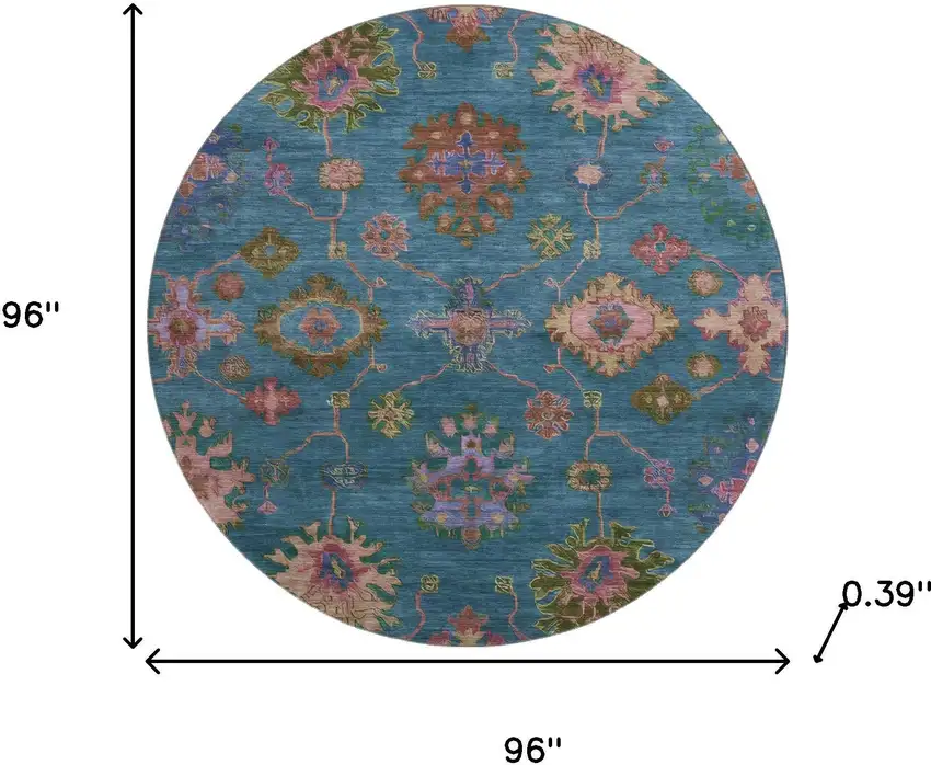 8' Teal And Blush Oriental Washable Round Rug With UV Protection Photo 8