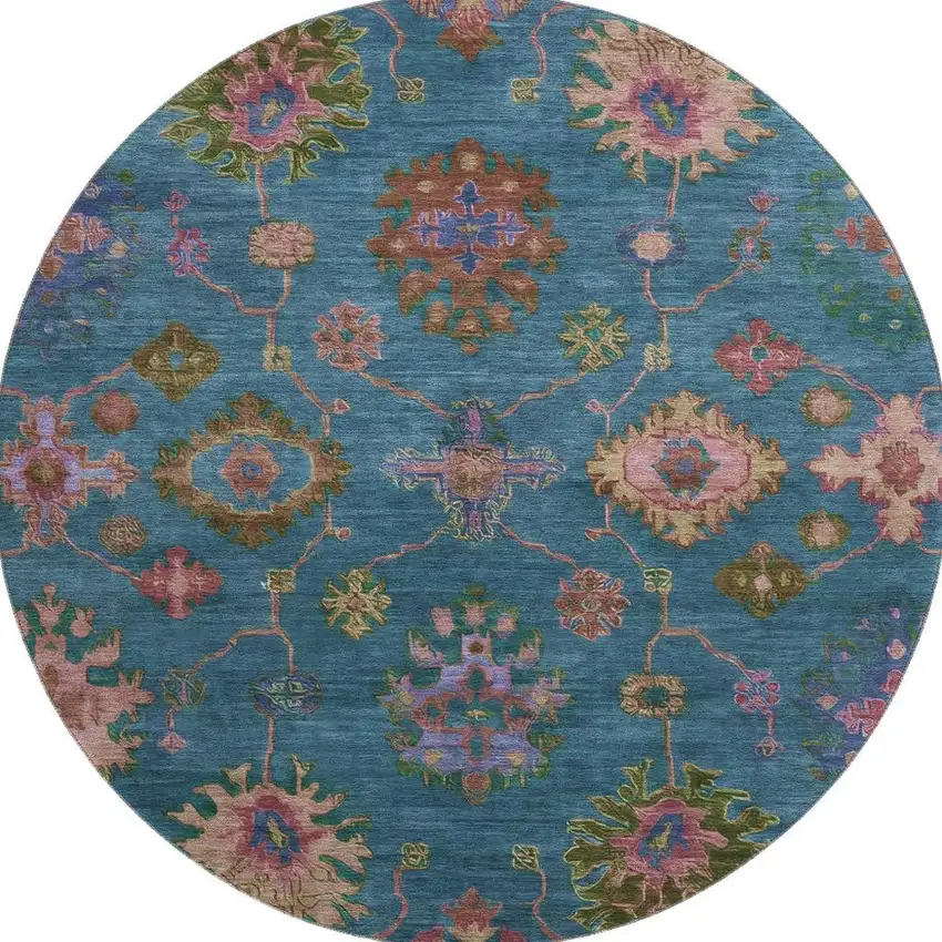 8' Teal And Blush Oriental Washable Round Rug With UV Protection Photo 4