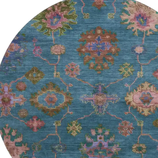 8' Teal And Blush Oriental Washable Round Rug With UV Protection Photo 3