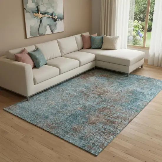 8' Teal And Brown Abstract Washable Area Rug With UV Protection Photo 2
