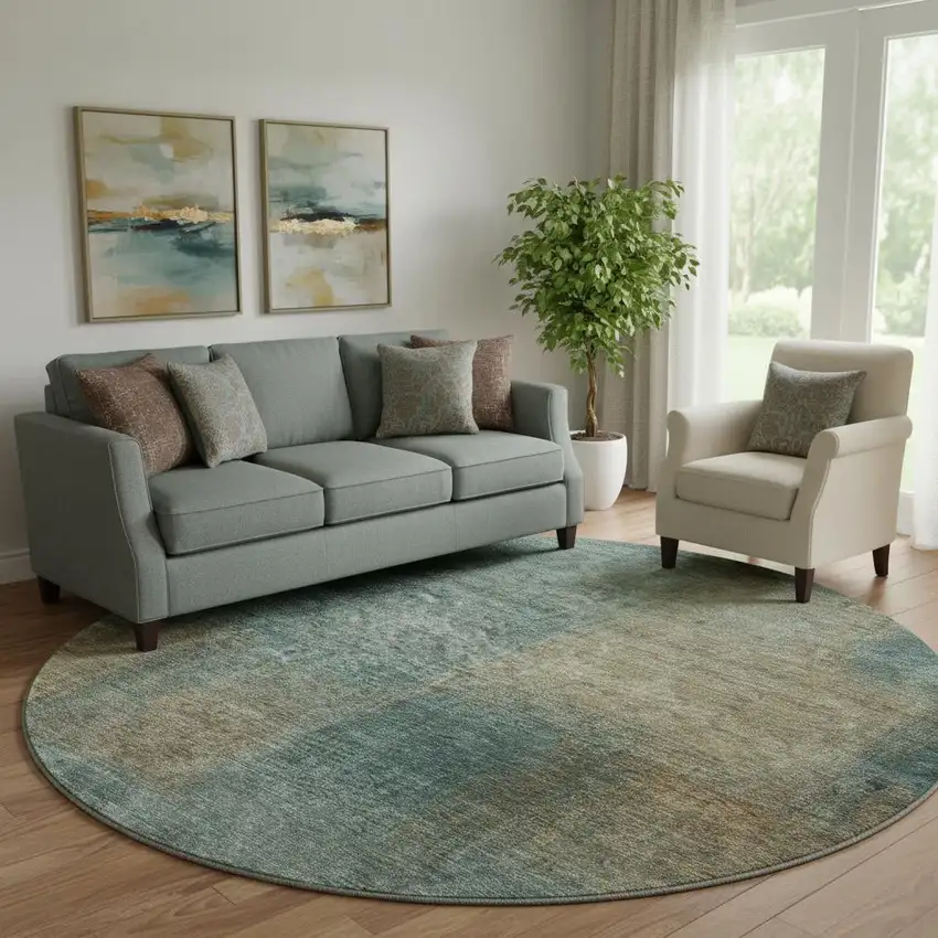 8' Teal And Brown Abstract Washable Round Rug With UV Protection Photo 1