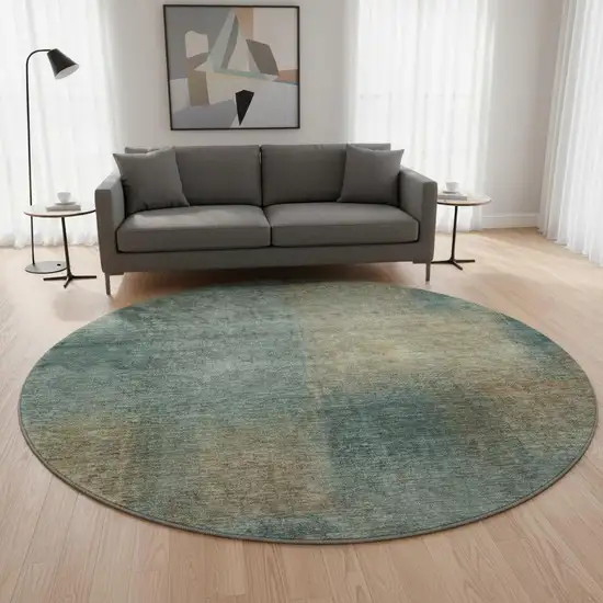 8' Teal And Brown Abstract Washable Round Rug With UV Protection Photo 2