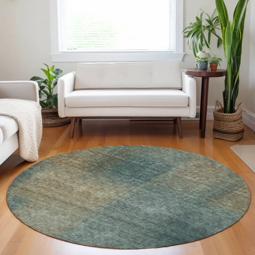 8' Teal And Brown Abstract Washable Round Rug With UV Protection Photo 5