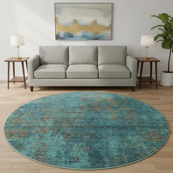 8' Teal And Brown Abstract Washable Round Rug With UV Protection Photo 2