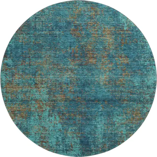 8' Teal And Brown Abstract Washable Round Rug With UV Protection Photo 1