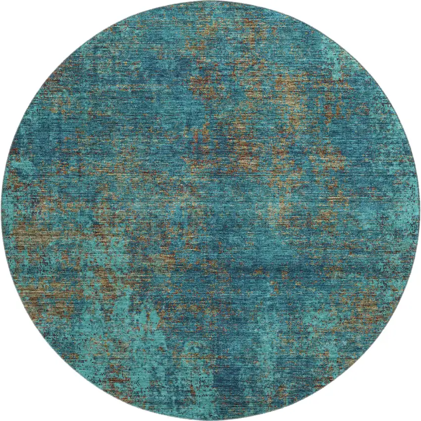 8' Teal And Brown Abstract Washable Round Rug With UV Protection Photo 1
