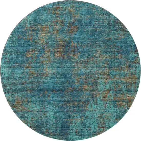 8' Teal And Brown Abstract Washable Round Rug With UV Protection Photo 3