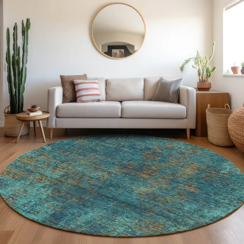 8' Teal And Brown Abstract Washable Round Rug With UV Protection Photo 4