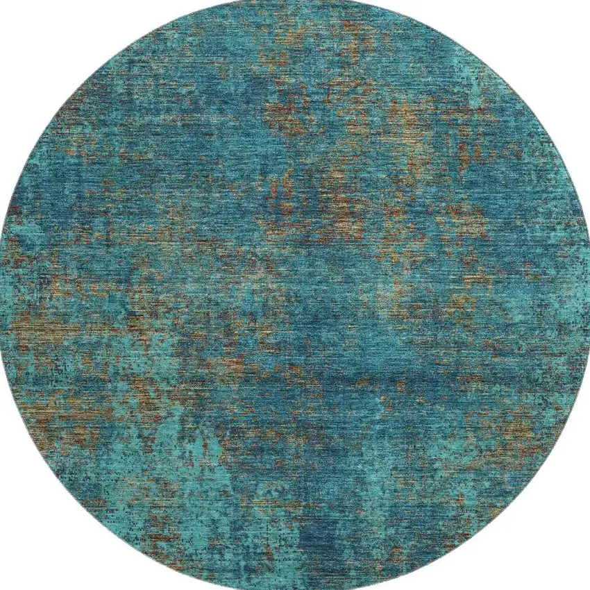 8' Teal And Brown Abstract Washable Round Rug With UV Protection Photo 2