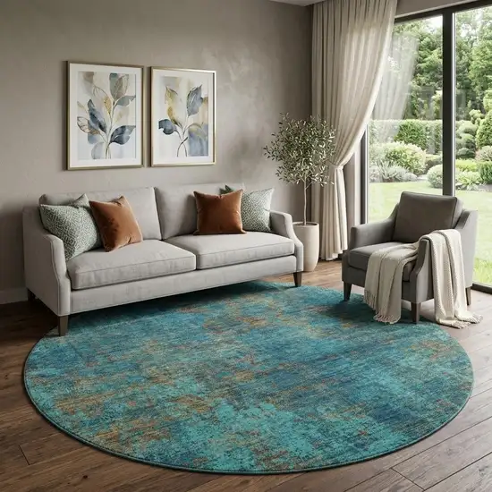 8' Teal And Brown Abstract Washable Round Rug With UV Protection Photo 1