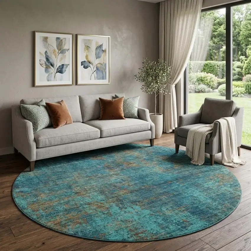 8' Teal And Brown Abstract Washable Round Rug With UV Protection Photo 1