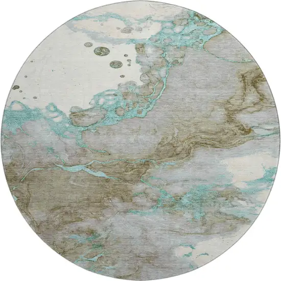 8' Teal And Brown Abstract Washable Round Rug With UV Protection Photo 1