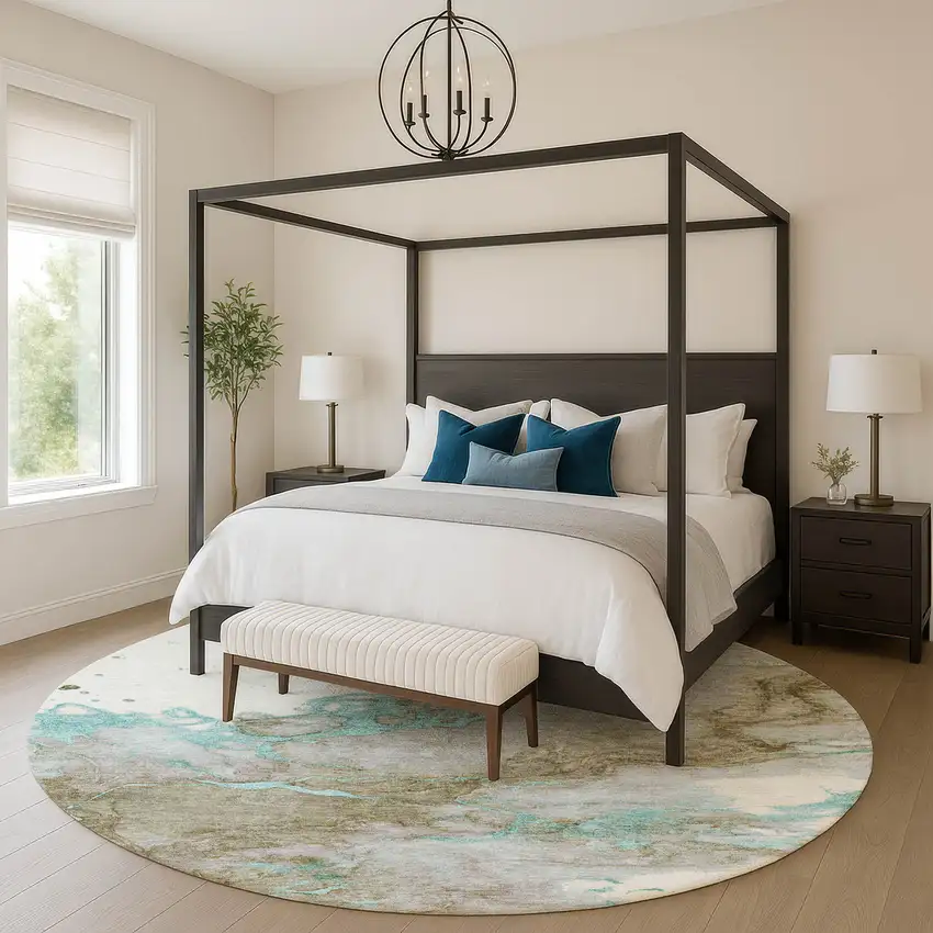 8' Teal And Brown Abstract Washable Round Rug With UV Protection Photo 5