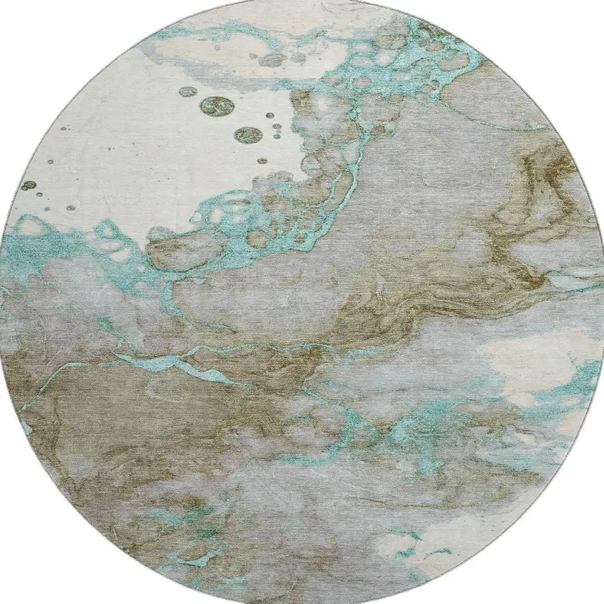 8' Teal And Brown Abstract Washable Round Rug With UV Protection Photo 4