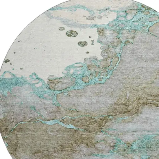 8' Teal And Brown Abstract Washable Round Rug With UV Protection Photo 3