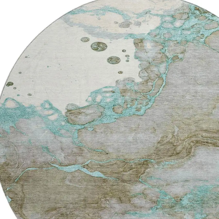 8' Teal And Brown Abstract Washable Round Rug With UV Protection Photo 3
