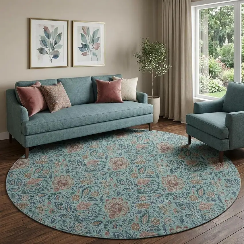 8' Teal And Brown Floral Washable Round Rug With UV Protection Photo 1