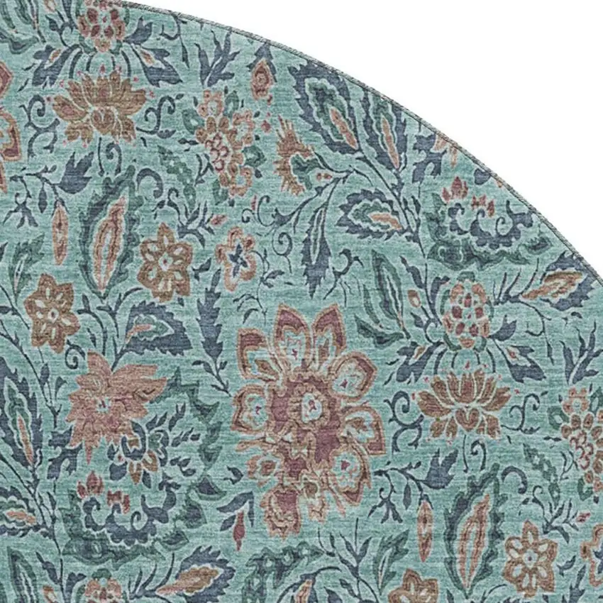 8' Teal And Brown Floral Washable Round Rug With UV Protection Photo 4