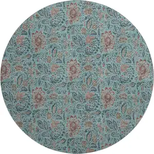 Photo of 8' Teal And Brown Floral Washable Round Rug With UV Protection