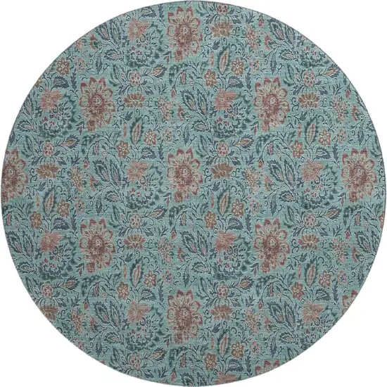 8' Teal And Brown Floral Washable Round Rug With UV Protection Photo 1
