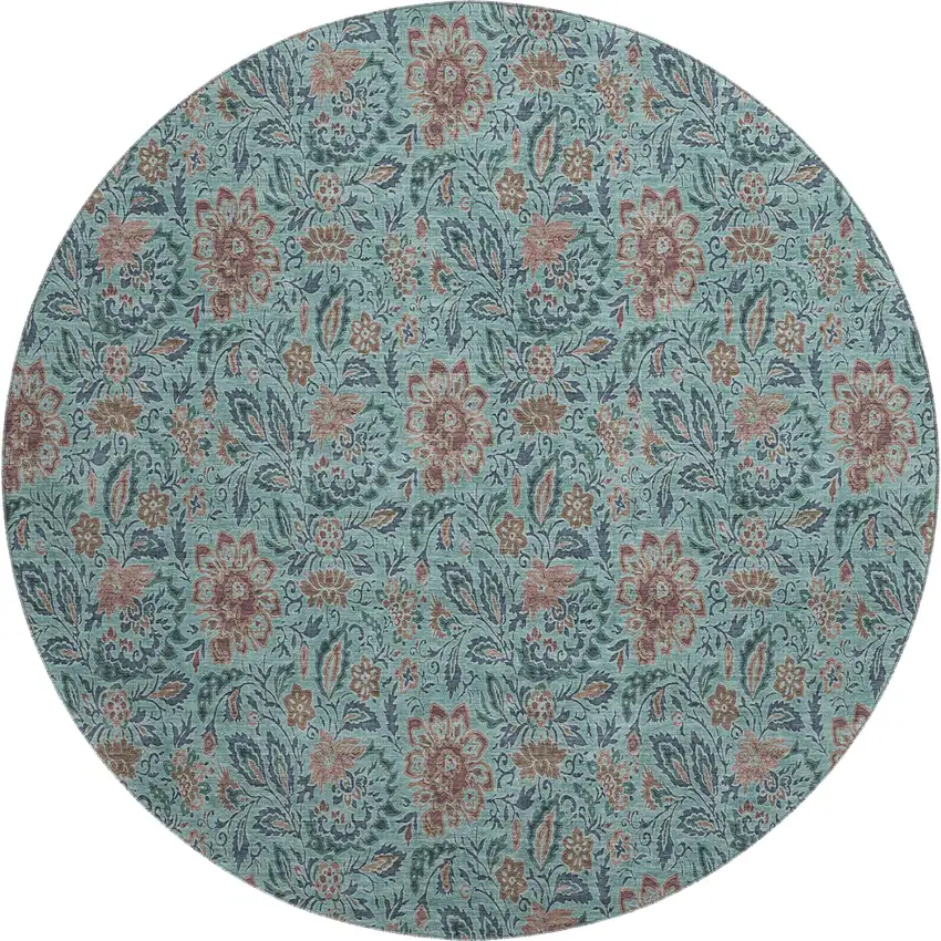 8' Teal And Brown Floral Washable Round Rug With UV Protection Photo 1
