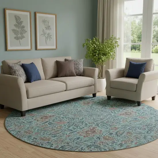 8' Teal And Brown Floral Washable Round Rug With UV Protection Photo 1
