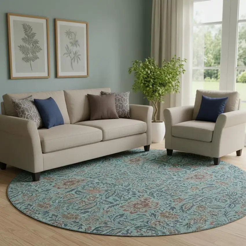 8' Teal And Brown Floral Washable Round Rug With UV Protection Photo 1