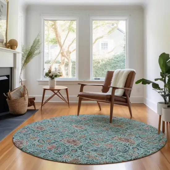 8' Teal And Brown Floral Washable Round Rug With UV Protection Photo 5