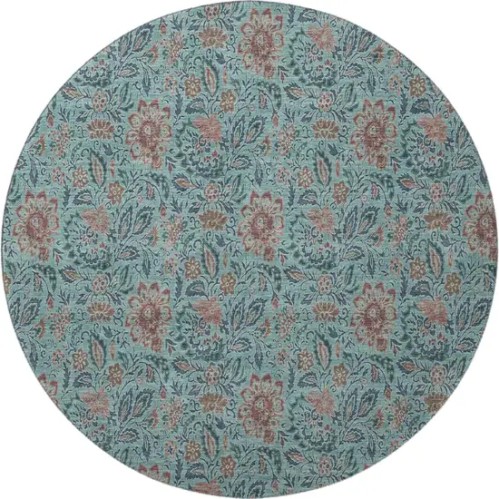 8' Teal And Brown Floral Washable Round Rug With UV Protection Photo 3