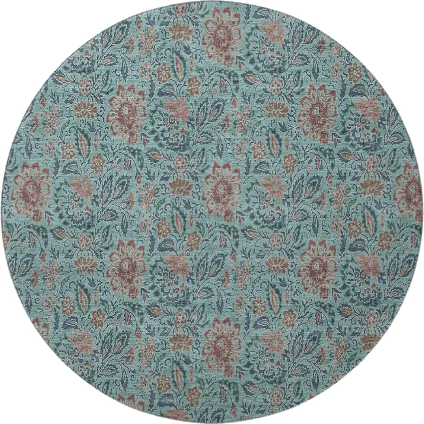 8' Teal And Brown Floral Washable Round Rug With UV Protection Photo 3
