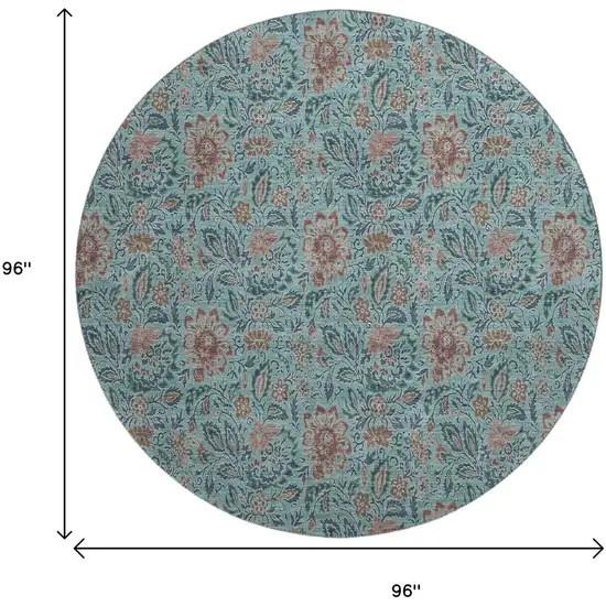 8' Teal And Brown Floral Washable Round Rug With UV Protection Photo 6