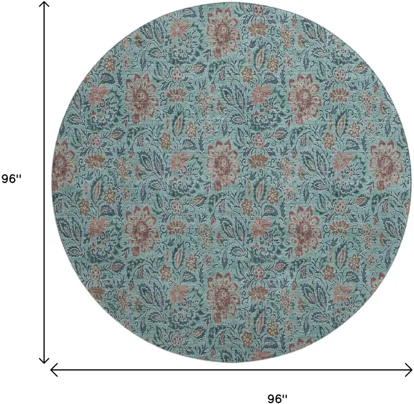 8' Teal And Brown Floral Washable Round Rug With UV Protection Photo 6